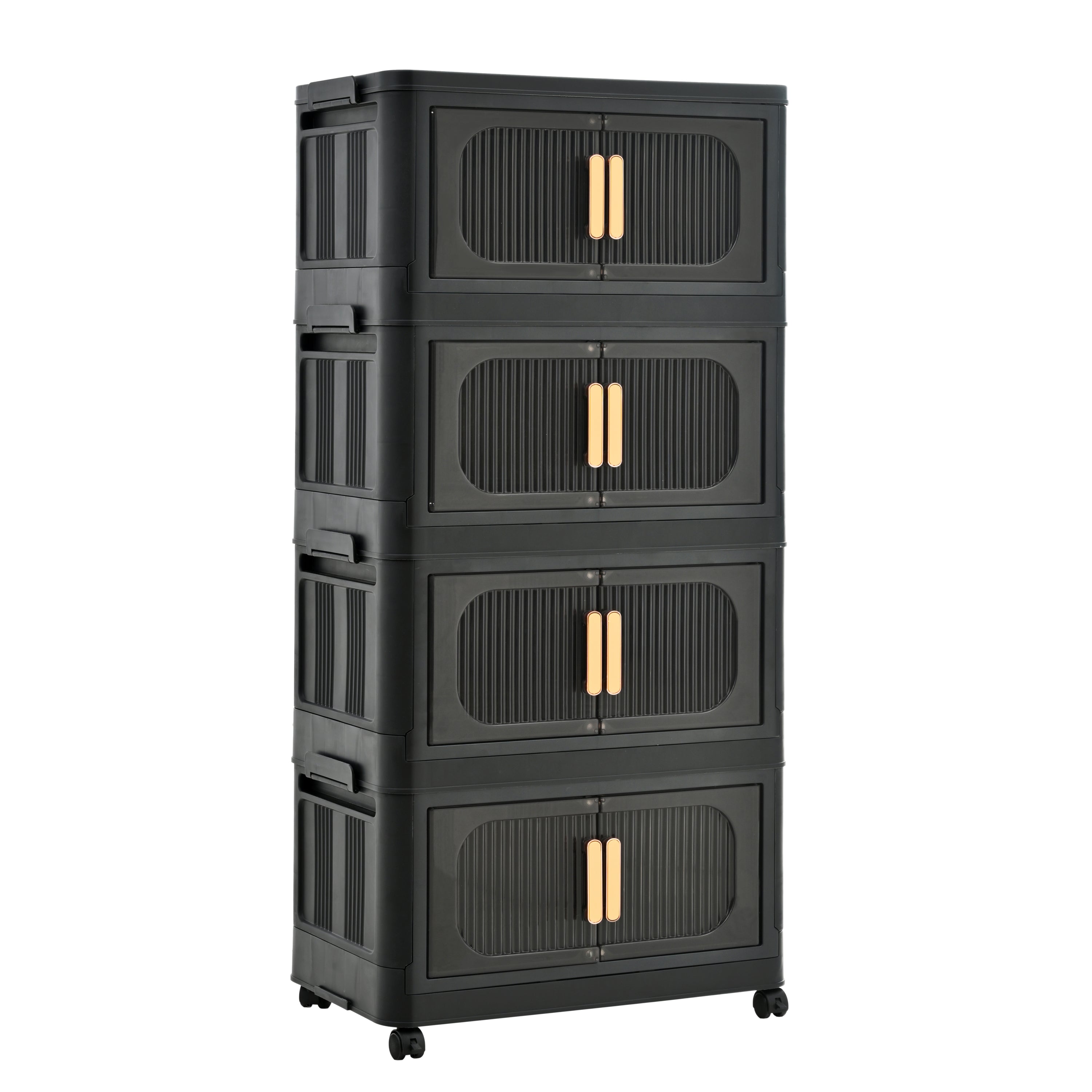 Black,20' Side Wide Folding Storage Cabinet ,4 Tiers,19.69'×11.81'×40.55',Collapsible Storage Bins with Magnetic Door, Plastic Storage Cabinet with Wheels - Grand Goldman Shop