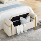 Elegant Upholstered Linen Storage Bench with Cylindrical Arms and Iron Legs, Beige - Grand Goldman Shop