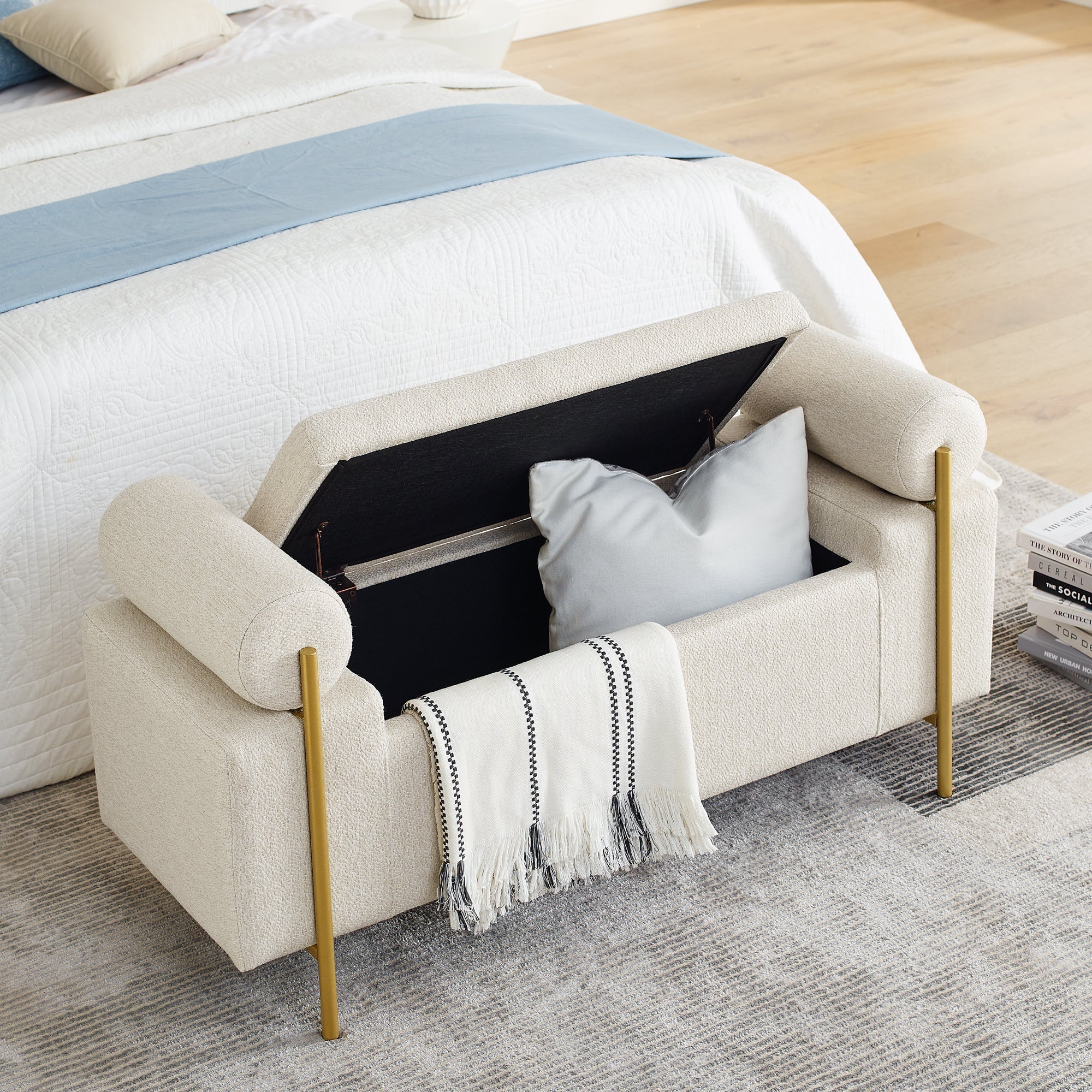 Elegant Upholstered Linen Storage Bench with Cylindrical Arms and Iron Legs, Beige - Grand Goldman Shop