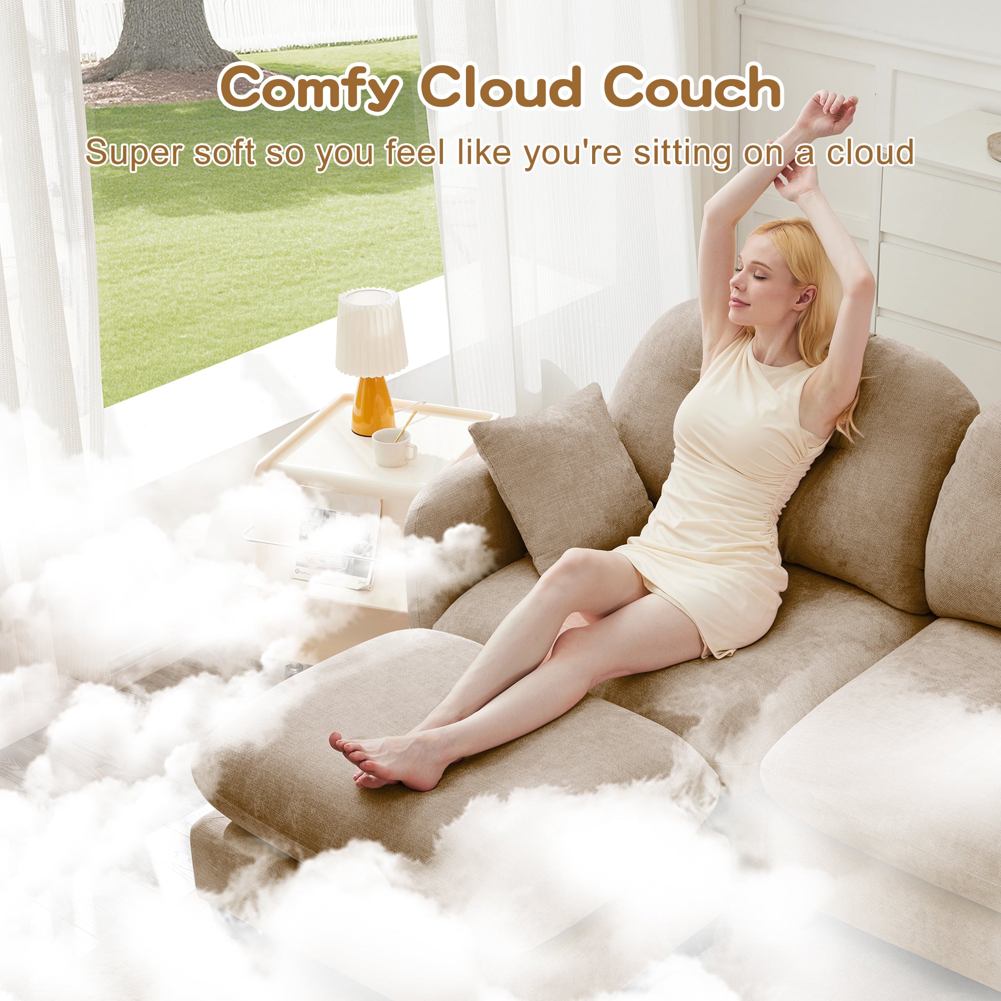 Loveseat Cloud Sectional Couches Chenille Fabric,Quilted Pleated Design, Ergonomic Design,High-Density Foam Easy Install Elegant Armrests High Quality Wooden Base,Fits Living Rooms,Camel - Grand Goldman Shop