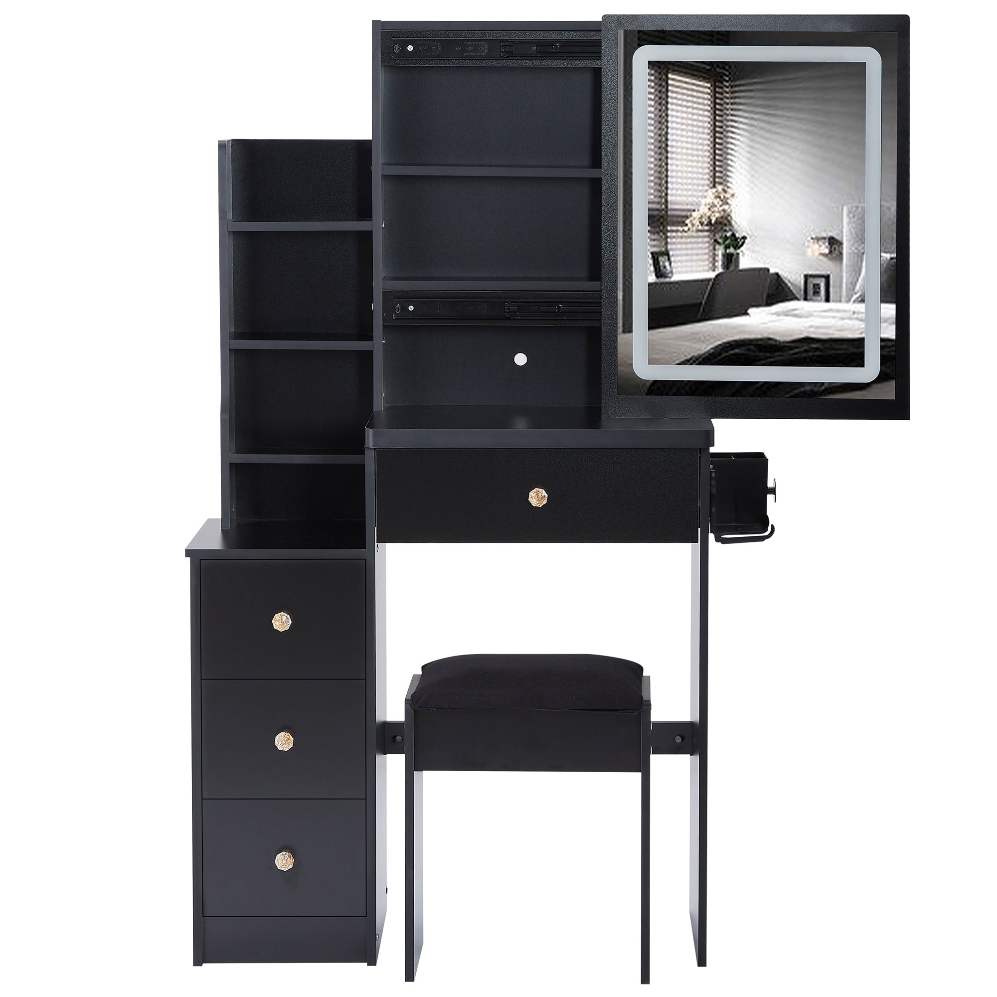 29.2' Small Size Bedside Cabinet Vanity Table + Cushioned Stool, 2 AC+2 USB Power Station, Hair dryer bracket, Extra Large Touch Control Sliding LED Mirror, 3-color Switching, EPA, GCC, UL Certificate - Grand Goldman Shop