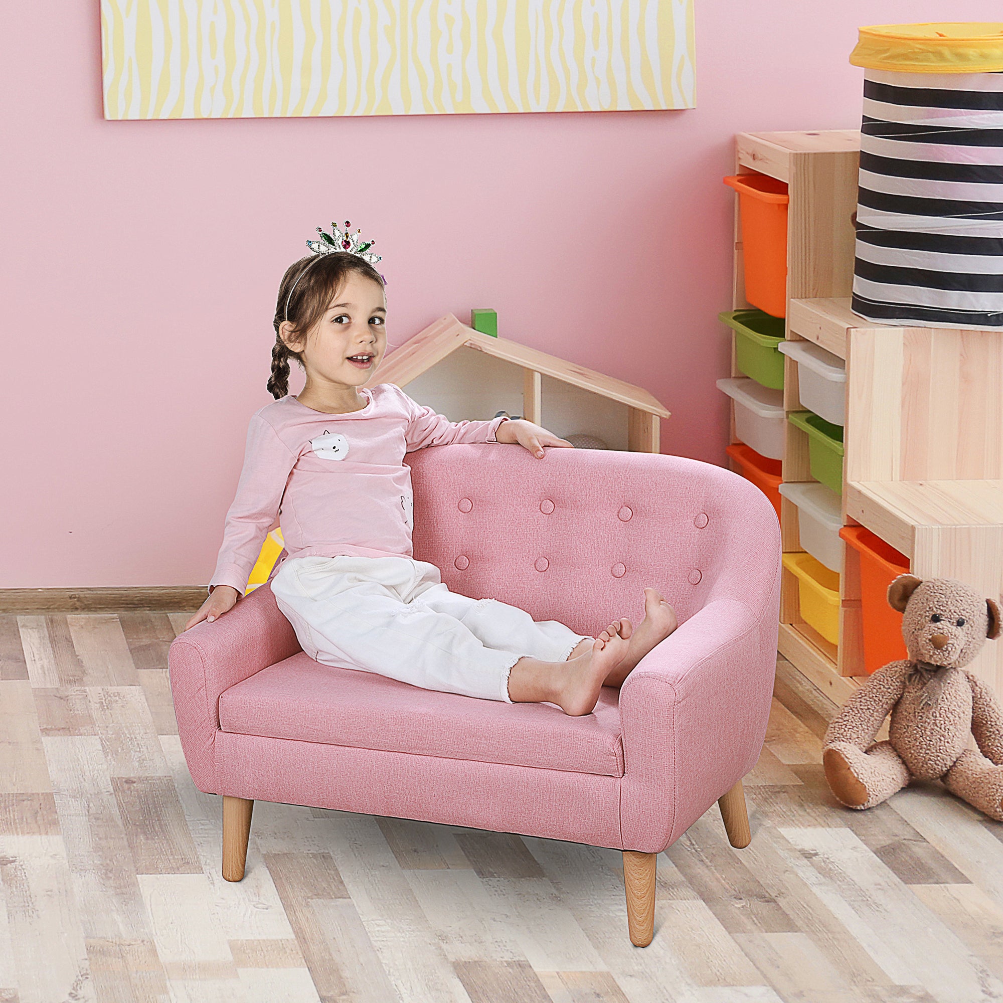 2-Seat Kids Sofa Linen Fabric and Wooden Frame Sofa for Kids and Toddlers Ages 3-7, 11' High Seat, Pink | Premium Home Decor 