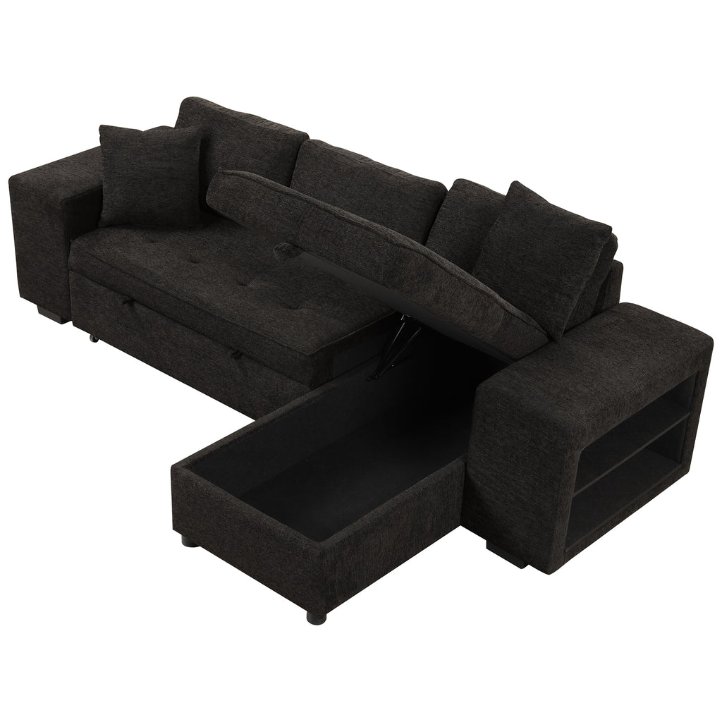 Modern L-Shape 3 Seat Reversible Sectional Couch with Pull Out Sleeper Sofa, Storage Chaise, 2 Stools, Charcoal Grey, Linen Chenille - Grand Goldman Shop