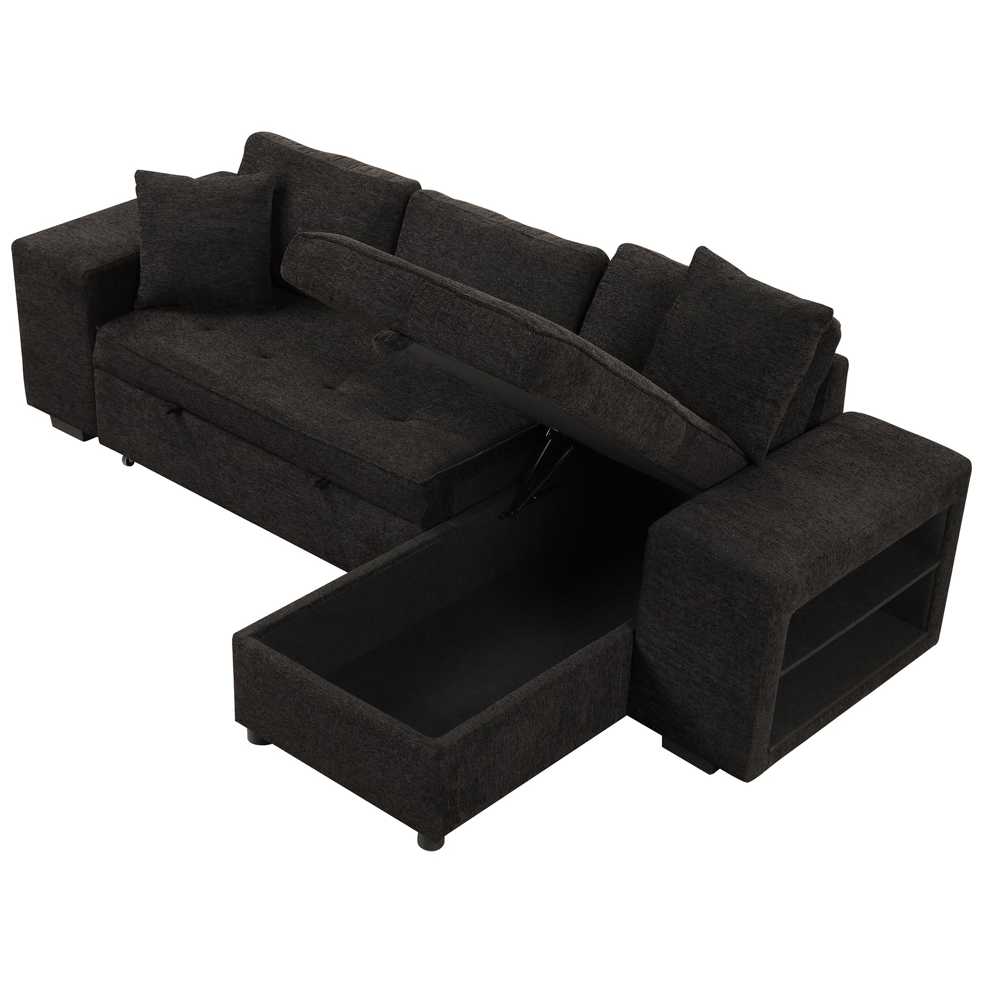 Modern L-Shape 3 Seat Reversible Sectional Couch with Pull Out Sleeper Sofa, Storage Chaise, 2 Stools, Charcoal Grey, Linen Chenille - Grand Goldman Shop