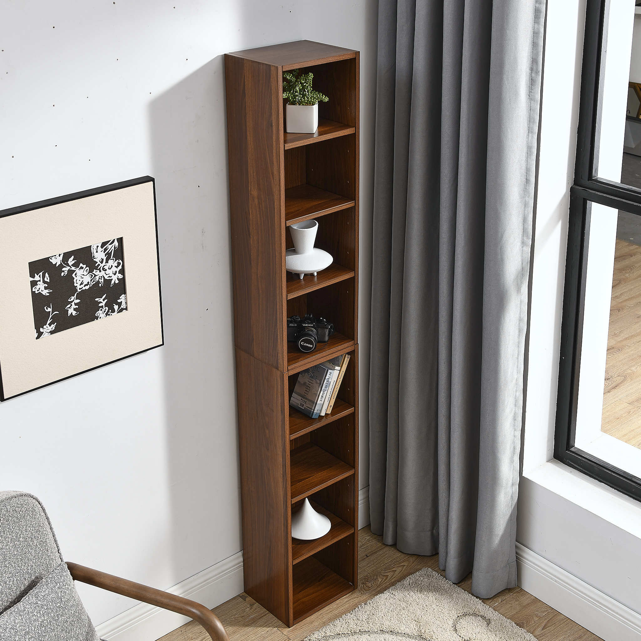 8-Tier Media Tower Rack, CD DVD Slim Storage Cabinet with Adjustable Shelves, Tall Narrow Bookcase Display Bookshelf for Home Office,Multi-functional double-decker bookcase - Grand Goldman Shop