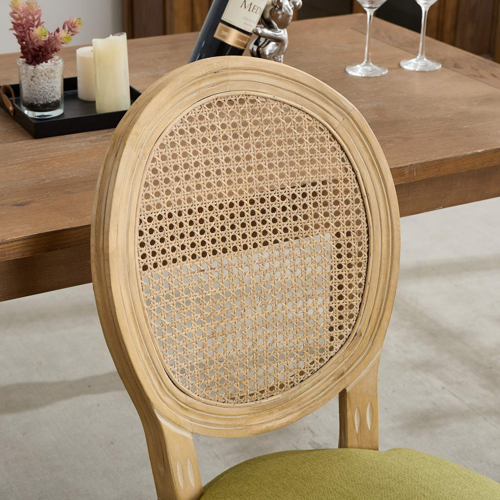 A&A Furniture,French Style Solid Wood Frame Antique Painting Linen Fabric Rattan Back Dining Chair,Set of 2,Olive-Green - Grand Goldman Shop