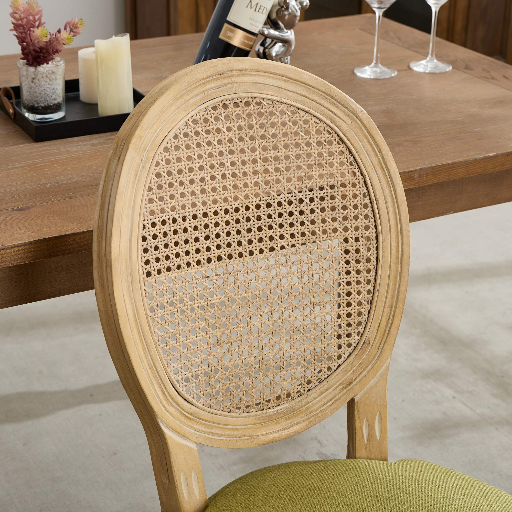 A&A Furniture,French Style Solid Wood Frame Antique Painting Linen Fabric Rattan Back Dining Chair,Set of 2,Olive-Green - Grand Goldman Shop
