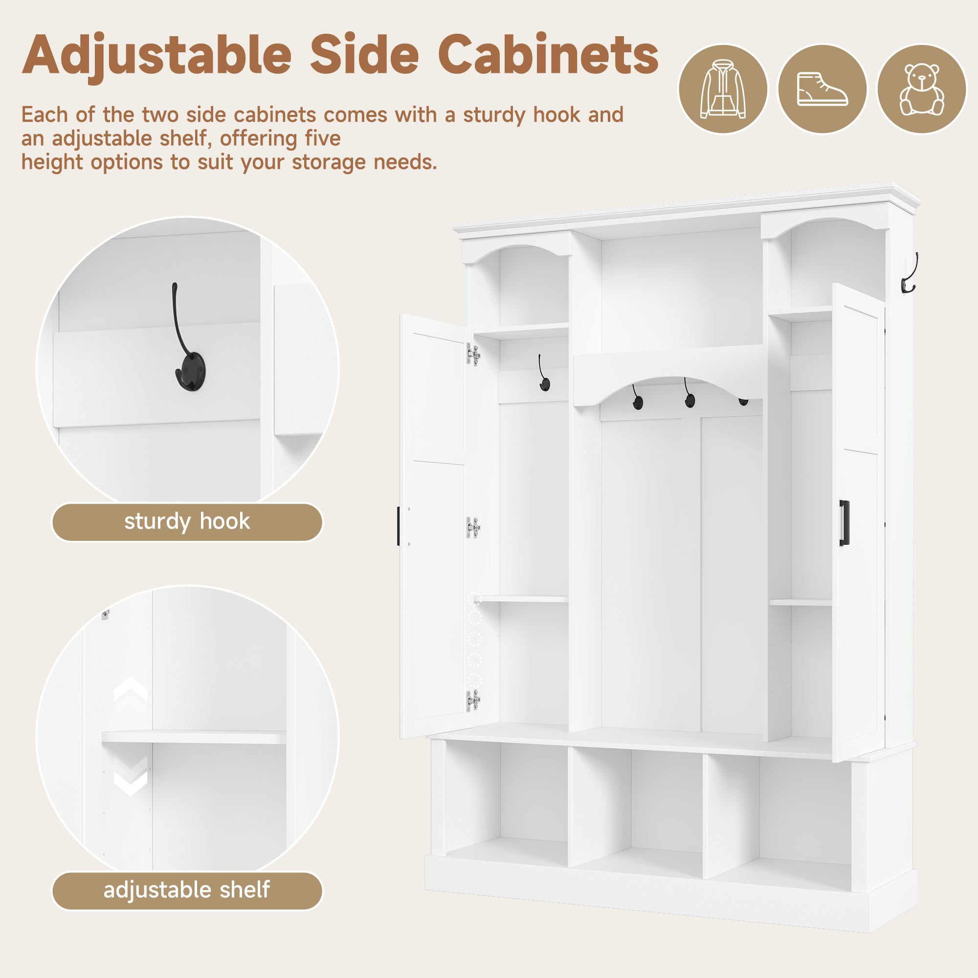 ON-TREND Modern All-in-One Hall Tree with Adjustable Shelves, Classic Arched Farmhouse Storage Bench with Dual Side Cabinets, Elegant Entryway Organizer with 7 Hooks for Mudroom, Hallway, White - Grand Goldman Shop
