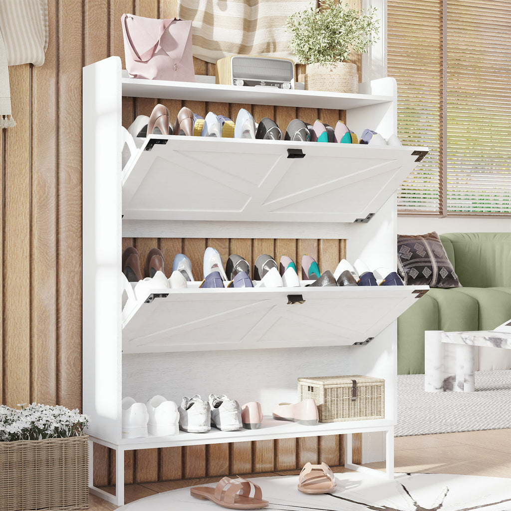 Shoe Cabinet with 2 Flip Drawers,Shoe Storage Cabinet for Entryway,Freestanding Shoe Cabinet Organizer with Open Storage,Narrow Farmhouse Shoe Rack with Metal Corner Decoration Legs,White - Grand Goldman Shop