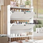 Shoe Cabinet with 2 Flip Drawers,Shoe Storage Cabinet for Entryway,Freestanding Shoe Cabinet Organizer with Open Storage,Narrow Farmhouse Shoe Rack with Metal Corner Decoration Legs,White - Grand Goldman Shop