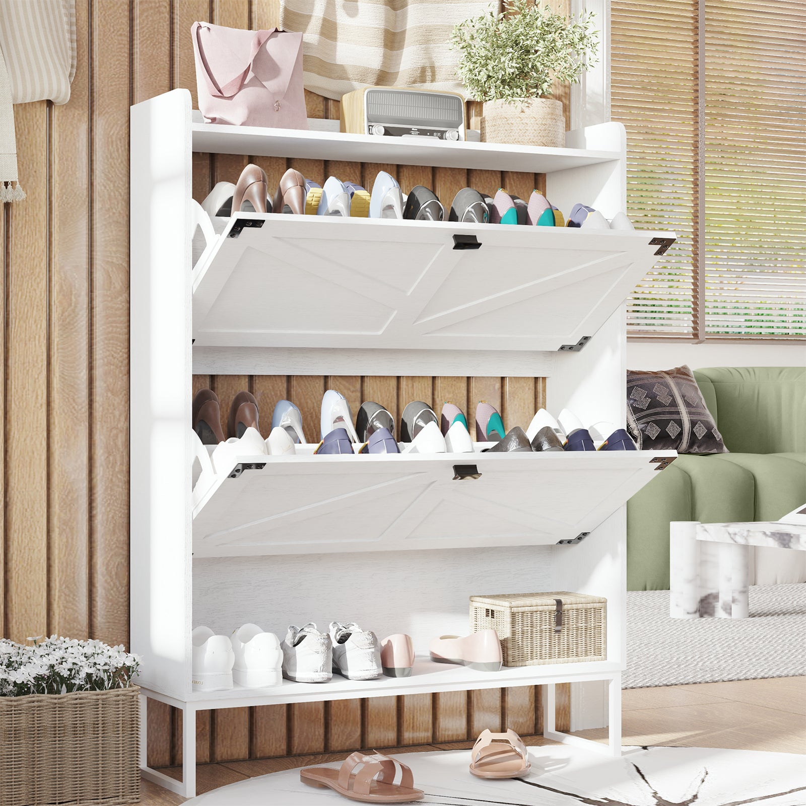 Shoe Cabinet with 2 Flip Drawers,Shoe Storage Cabinet for Entryway,Freestanding Shoe Cabinet Organizer with Open Storage,Narrow Farmhouse Shoe Rack with Metal Corner Decoration Legs,White - Grand Goldman Shop
