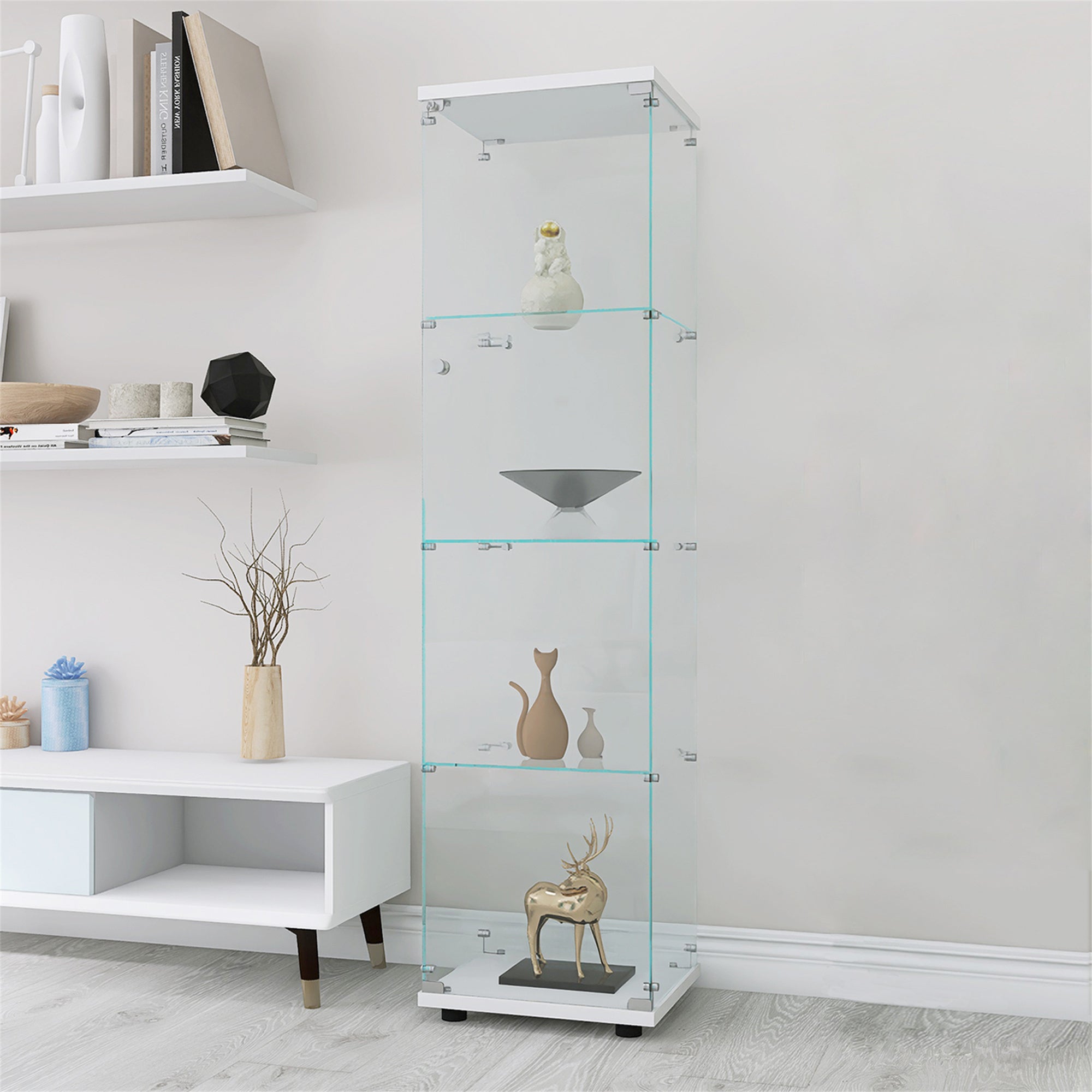 4 Shelves Glass Cabinet Glass Display Cabinet with One Door, White - Grand Goldman Shop