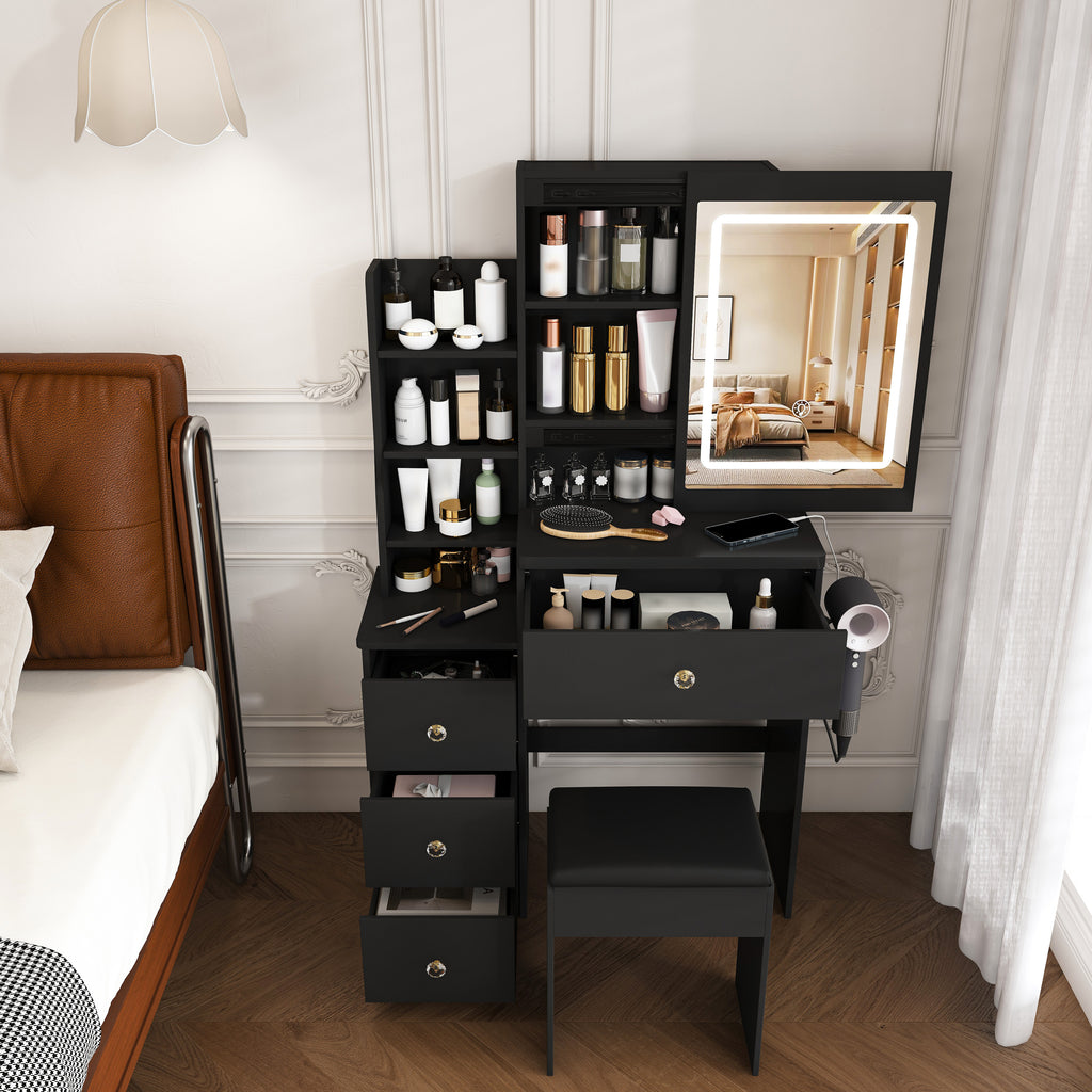Modern Vanity Desk with 3 LED Lighting Modes, 4 Drawers, Open Shelves, Hair Dryer Holder & Power Socket, Black MDF Dressing Table Set with Chair - Grand Goldman Shop