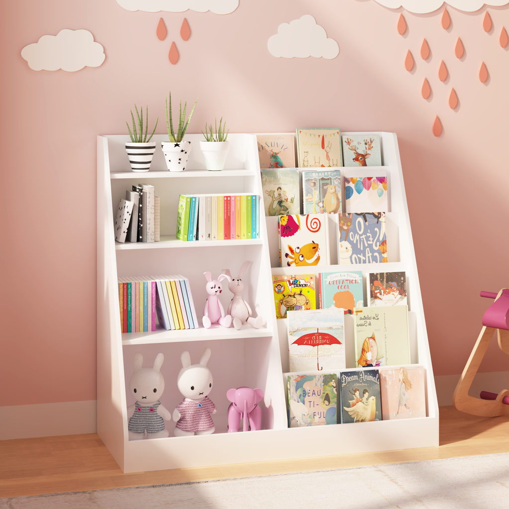 New Kids Bookshelf and Toy Storage Organizer, Multifunctional 4 Tier Wooden Kids Book Shelf with  Bookcase Display Stand in K