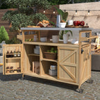 K&K Outdoor Kitchen Island, Rolling Bar Cart & Storage Cabinet, Farmhouse Solid Wood Outdoor Grill Table with Stainless Steel Top, Spice Rack , Towel Rack for Kitchen & BBQ , Natural - Grand Goldman Shop