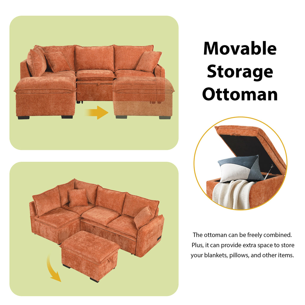 Convertible L-shaped Sofa Bed with Storage Ottoman, Power Sockets & USB Ports, Orange Chenille, 82.67' - Grand Goldman Shop