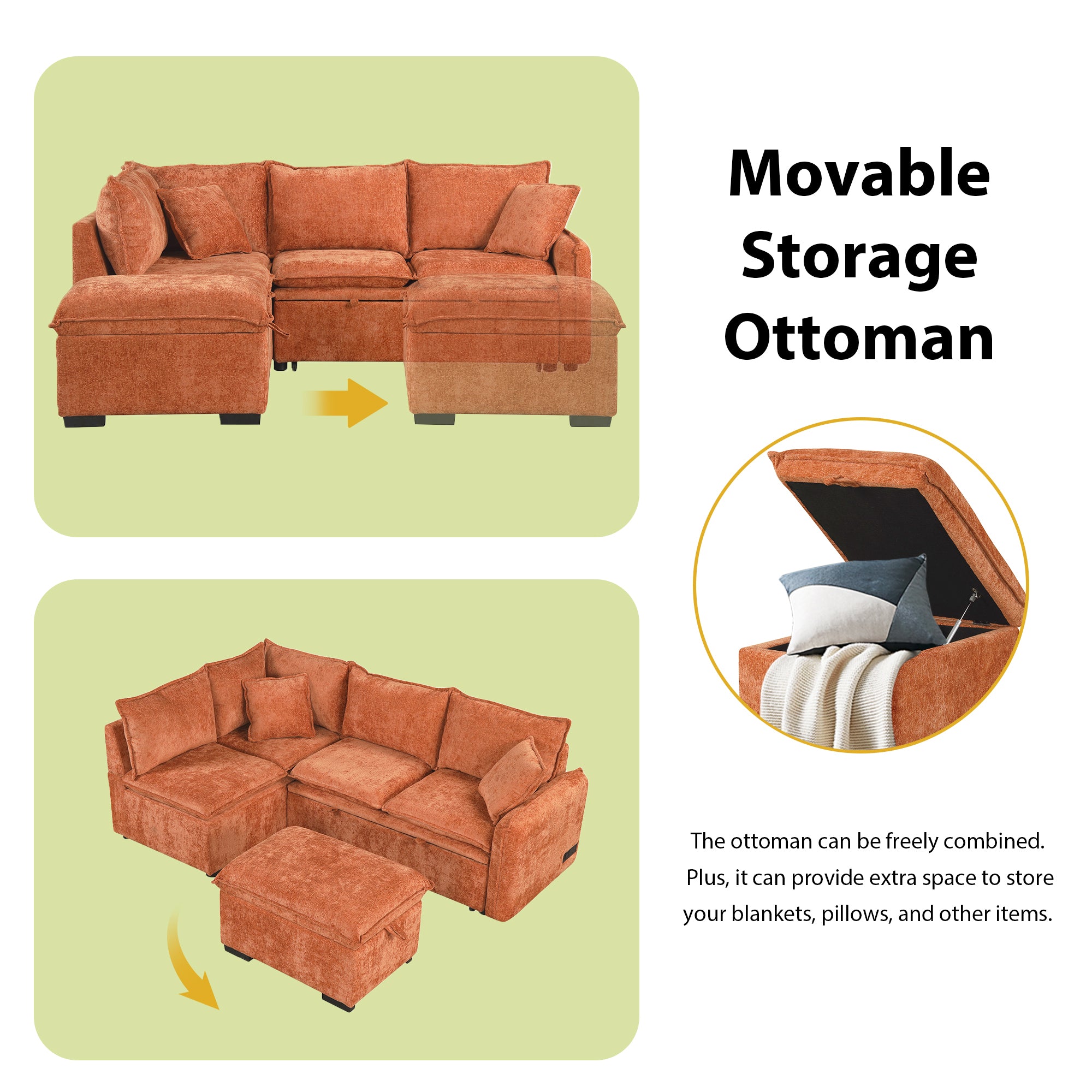 Convertible L-shaped Sofa Bed with Storage Ottoman, Power Sockets & USB Ports, Orange Chenille, 82.67' - Grand Goldman Shop