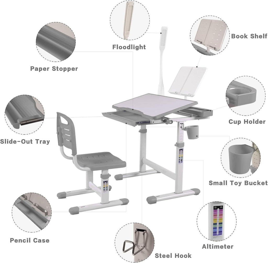 Desk for Kids Desk and Chair Set Kids Art Desk Drafting Table Desk Set with Adjustable Height, 40-Degree Tiltable Children De