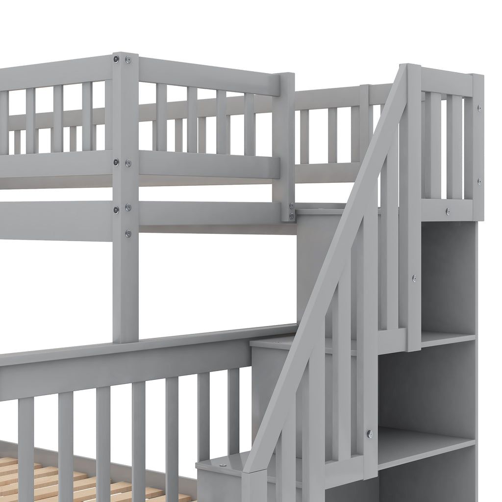 Twin Over Full Stairway Bunk Bed with Storage in Gray, Solid Pine Wood and MDF, 90.8''L x 57.8''W x 65.3''H - Grand Goldman Shop