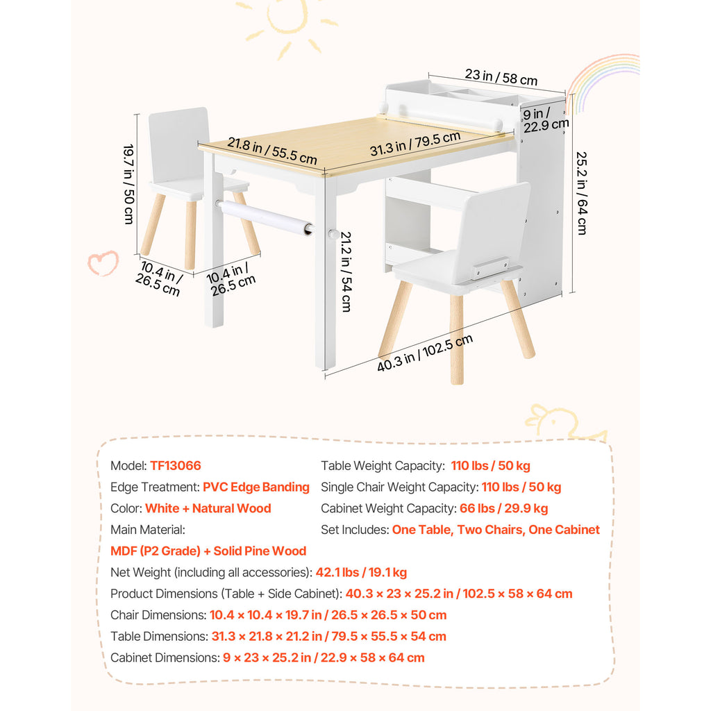 Kids Art Table and Chair Set, Toddler Craft Table with 3 Tiers Storage Cabinet, Wooden Kids Activity Play Desk with 2 Chairs,