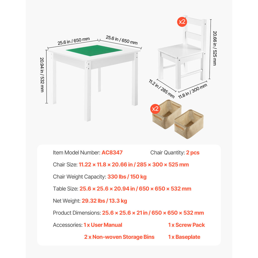 Kids Activity Table and 2 Chairs Set, Building Blocks Double-Sided Tabletop, Toddler Table and Chair Set with Storage for Kid