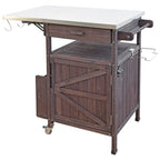 K&K 40.5' Outdoor Grill Cart with Stainless Steel Top, Solid Wood Outdoor Storage Cabinet with Drop Leaf, One Drawer, Towel Rack, Rolling Kitchen Cart with Lockable Wheels for Lawn Garden, Brown - Grand Goldman Shop