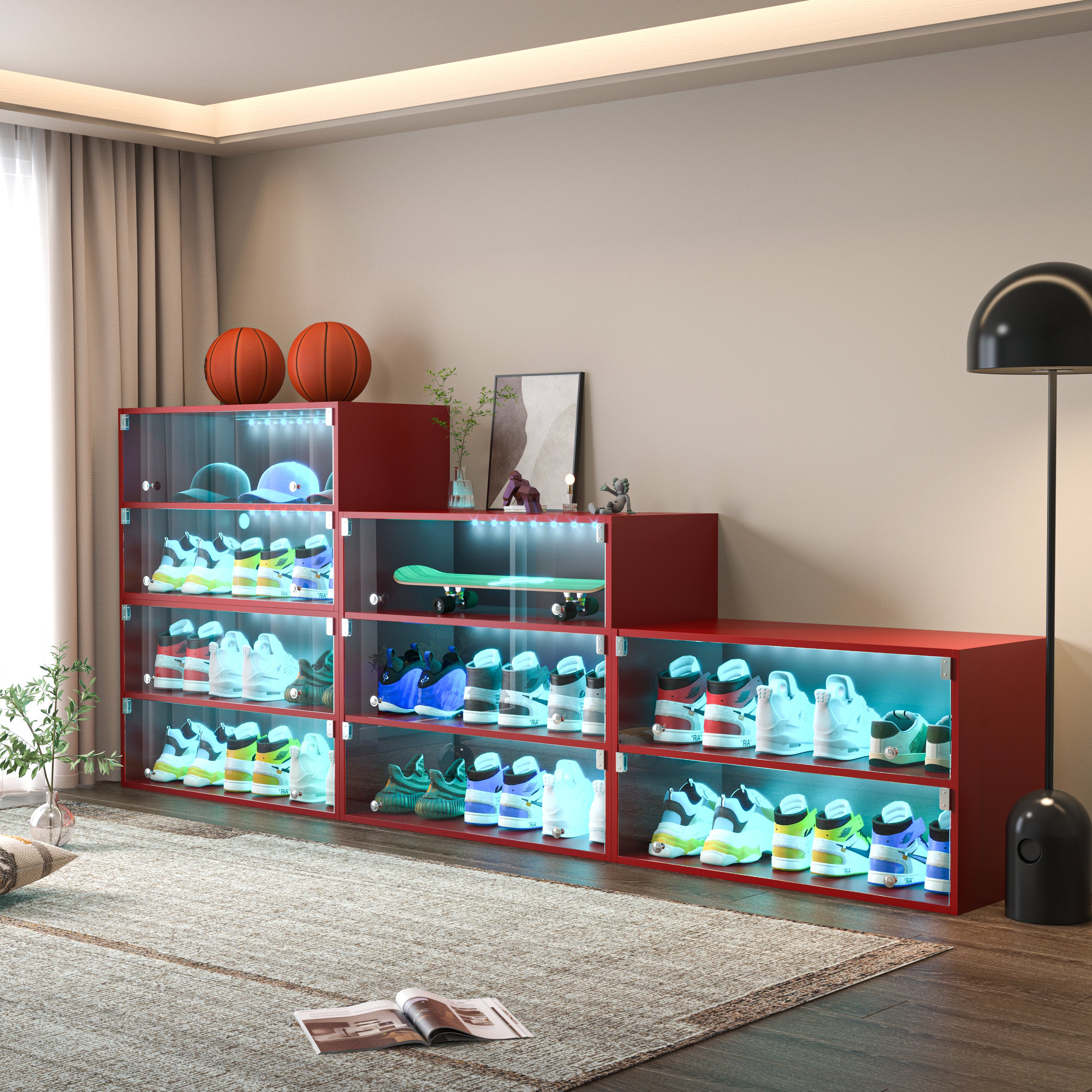 Red Glass Door Shoe Box Shoe Storage Cabinet For Sneakers With RGB Led Light - Grand Goldman Shop