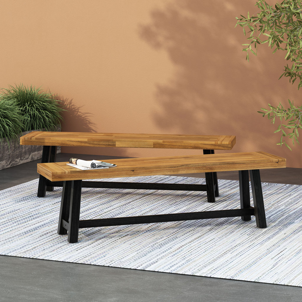 Cloud Outdoor Bench with Acacia Wood Frame and Slat Panel Design, Set of 2,Sandblast Teak Finish and Black - Grand Goldman Shop