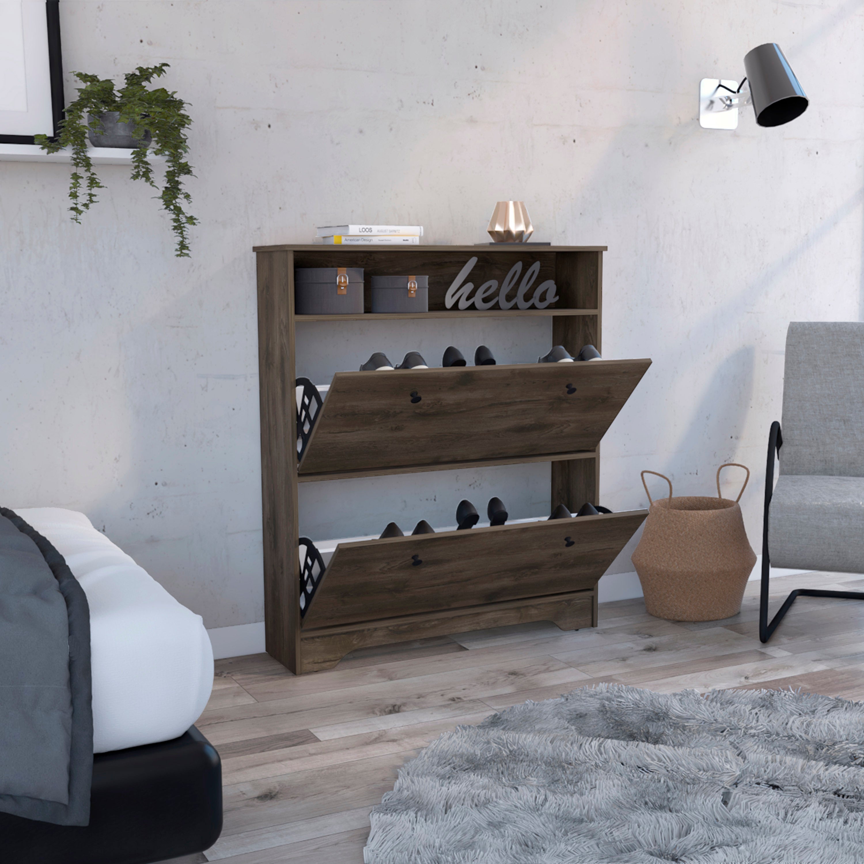 Calgary Shoe Rack, Superior Top, One Open Shelf, Two Extendable Shelves -Dark Brown - Grand Goldman Shop