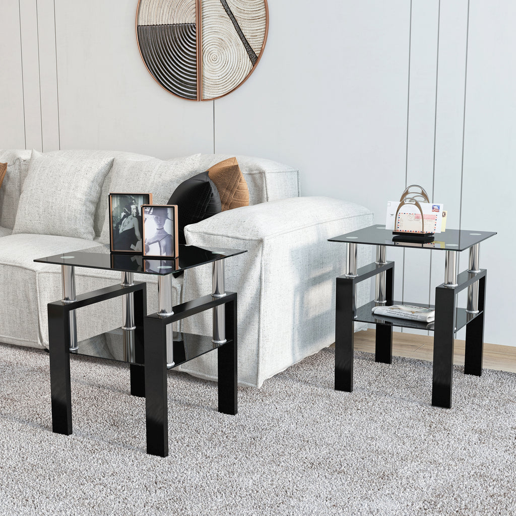 Modern Tempered Glass Tea Table Coffee Table End Table Set in Black with Metal Legs, 17.72 x 17.72 x 20.5 Inches - Grand Goldman Shop