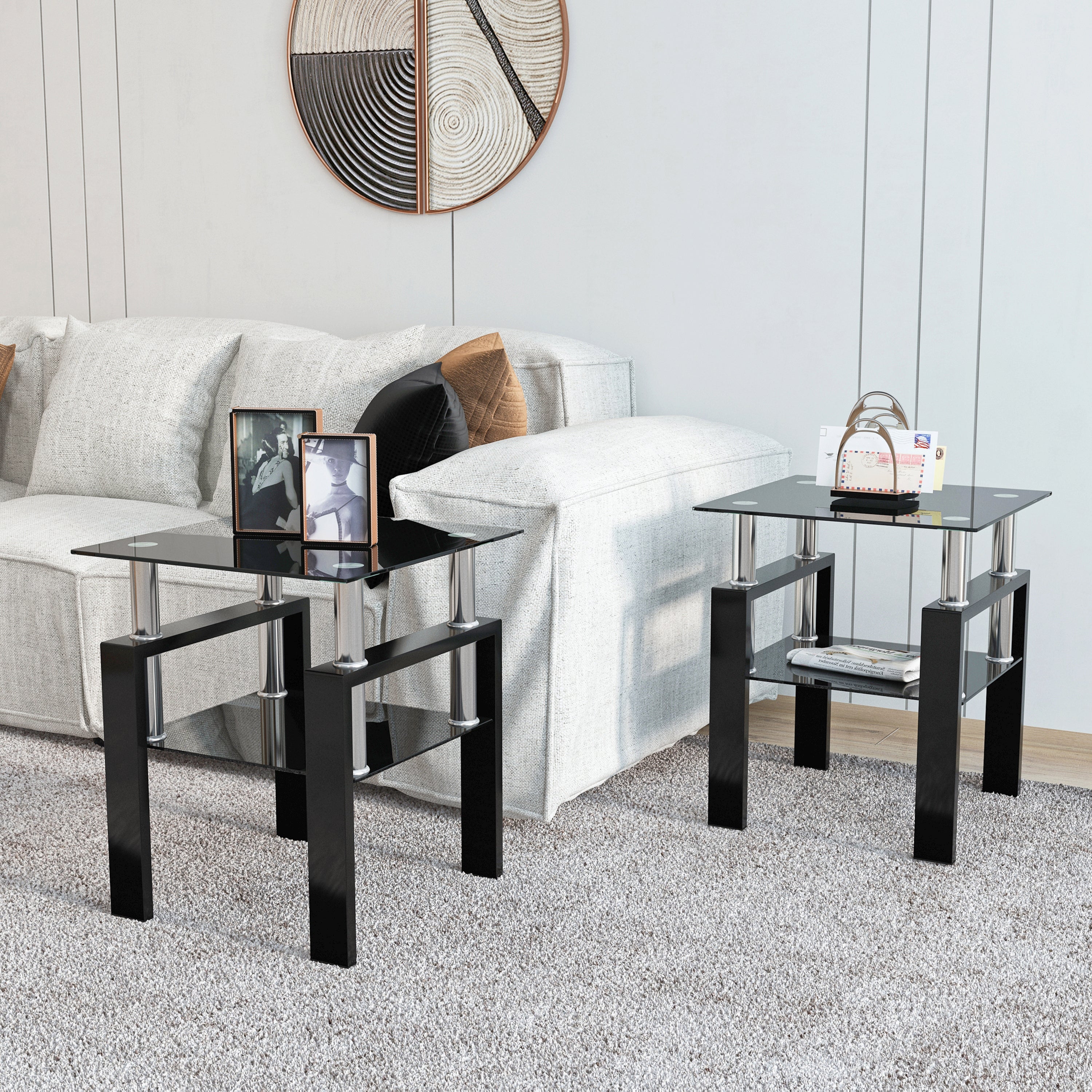 Modern Tempered Glass Tea Table Coffee Table End Table Set in Black with Metal Legs, 17.72 x 17.72 x 20.5 Inches - Grand Goldman Shop
