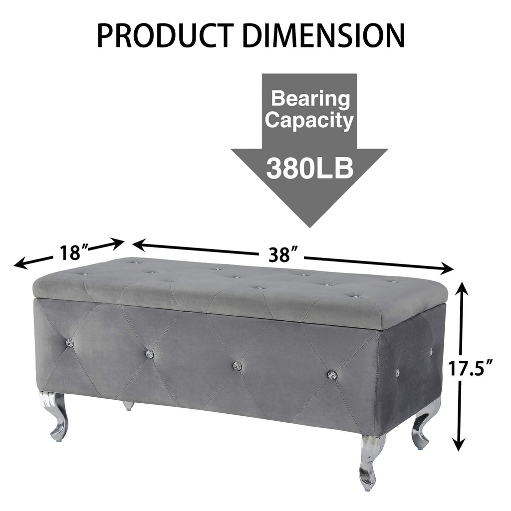 Tufted Storage Ottoman Bench For Bedroom End Of Bed Large Upholstered Storage Benches Footrest With Crystal Buttons For Living Room Entryway (Grey) - Grand Goldman Shop
