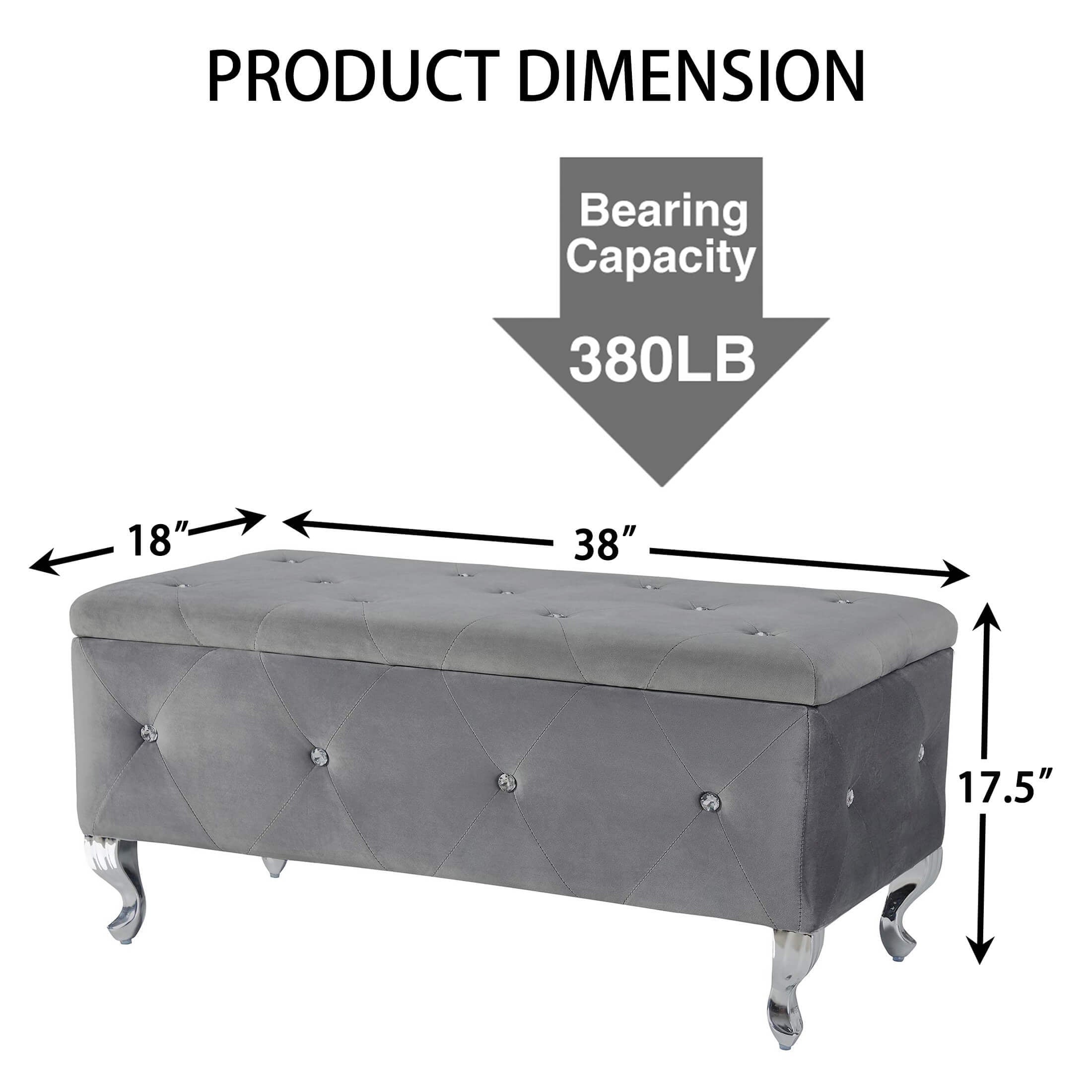 Tufted Storage Ottoman Bench For Bedroom End Of Bed Large Upholstered Storage Benches Footrest With Crystal Buttons For Living Room Entryway (Grey) - Grand Goldman Shop