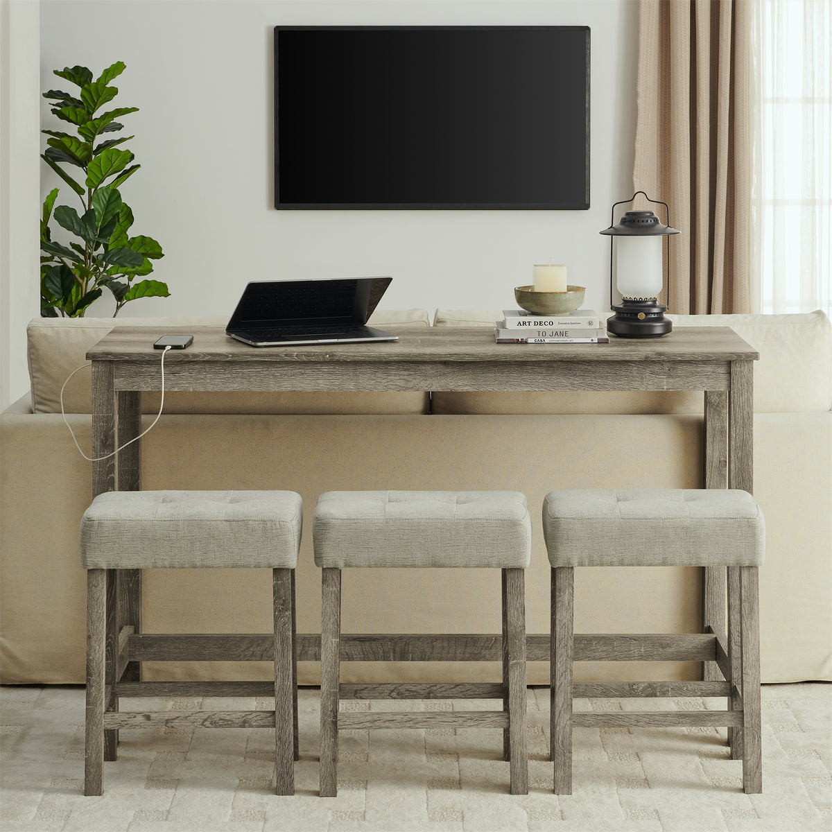 59 Inch Bar Table, Dining Table, Sofa Table with Power Outlet, 3 Upholstered Stools, 4 Piece Bar Table and Chair Set for Living Room, Dining Room, Kitchen - Grand Goldman Shop