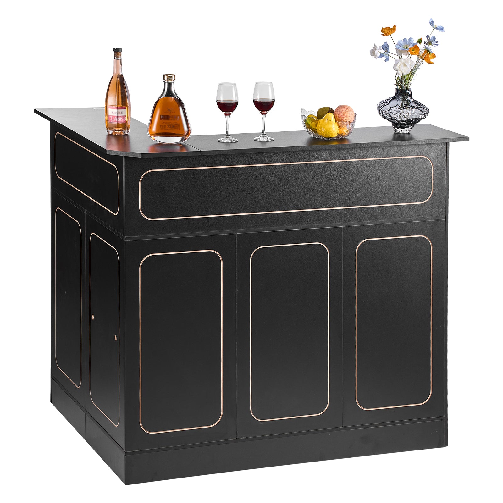 Home Bar Unit, L-Shaped Wine Bar Cabinet Table 4-Tier with Storage Shelves,  Wine Glass Holder, 300 lbs Max Capacity, Wood Liquor Cabinet for Home, Kitchen, Living Room, Pub, Basement, Black - Grand Goldman Shop
