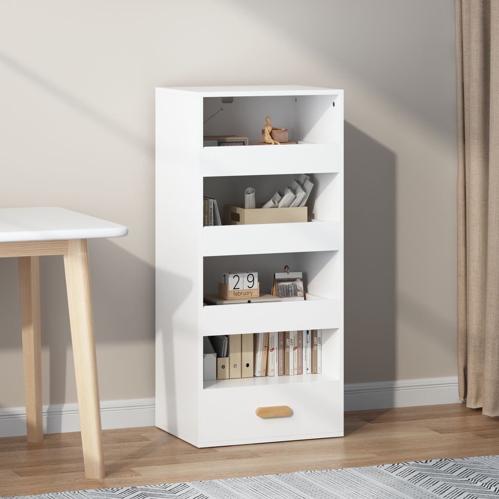 4-Tier Freestanding Bookshelf with 3 Sliding Drawers and 1 Bottom Drawer in White, Engineered Wood - Grand Goldman