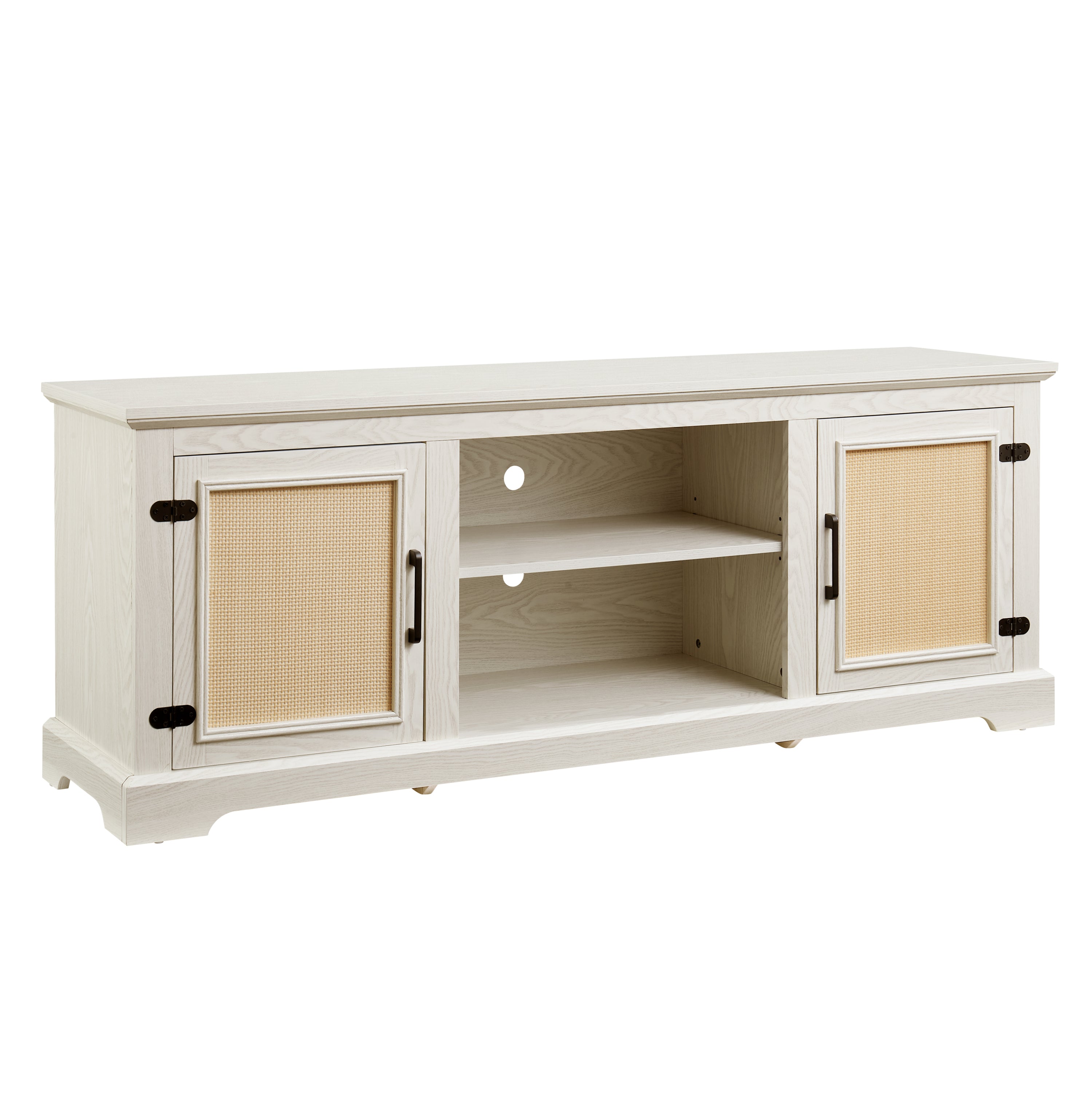 Farmhouse Rattan TV Stand Console Table for TVs up to 70 Inches, TV Console Table with 2 Storage Shelves, 2 Natural Rattan Door Cabinets,65'W*15.55'D*23.86'H, White - Grand Goldman Shop