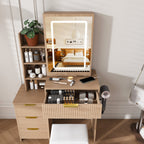 Modern Vanity Desk with 3 LED Lighting Modes, 4 Drawers, Hair Dryer Holder, Power Socket, and Dressing Chair in Walnut Finish, Made of MDF - Grand Goldman Shop