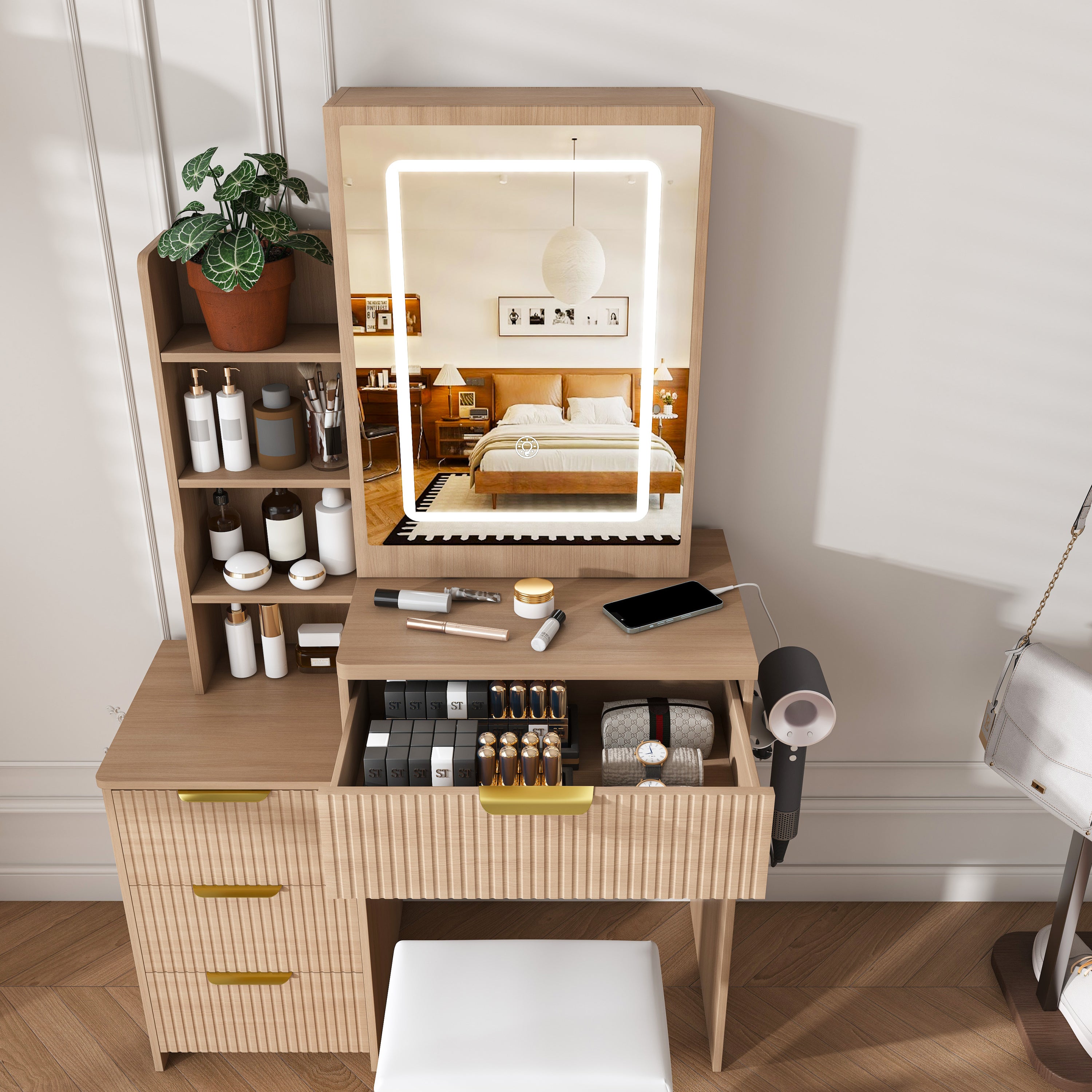 Modern Vanity Desk with 3 LED Lighting Modes, 4 Drawers, Hair Dryer Holder, Power Socket, and Dressing Chair in Walnut Finish, Made of MDF - Grand Goldman Shop