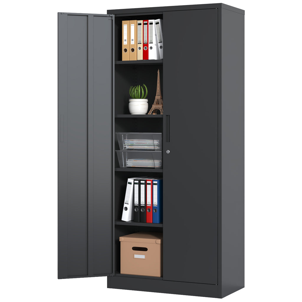 Heavy Metal 72'H Garage Storage Cabinet with Locking Doors, Black Steel, Adjustable Shelves - Grand Goldman