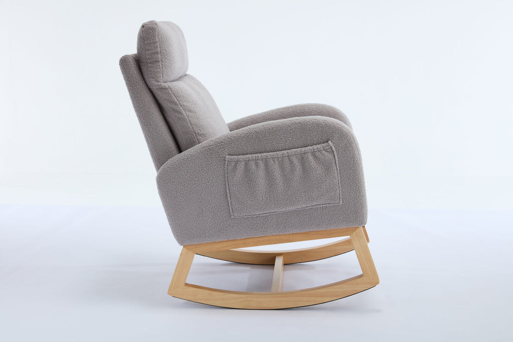 015B-Teddy Fabric Leisure Rocking Chair,Nursery Rocking Chair With Adjustable Footstool,Thickened Headrest And High Backrest, Storage Pocket On The Right Side,The Base Rocker Is Solid Wood,Light Gray - Grand Goldman Shop