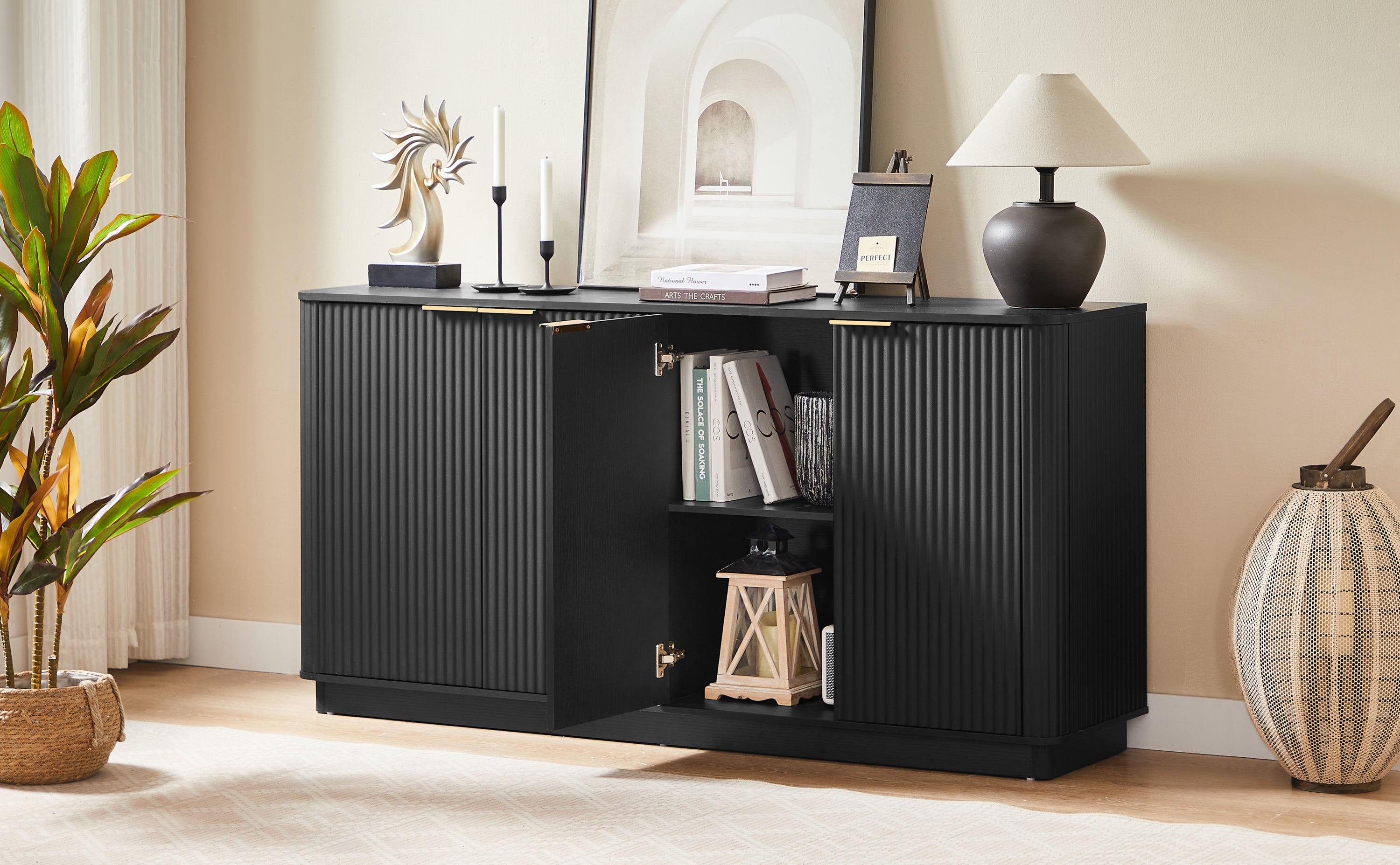 63' Vertical Stripe Buffet Cabinet Sideboard with stoarge, Curved wave Design, TV Stand, for Bedroom, Living Room, Hallway, Black,63''W x 15.75''D x 31.5''H. - Grand Goldman Shop