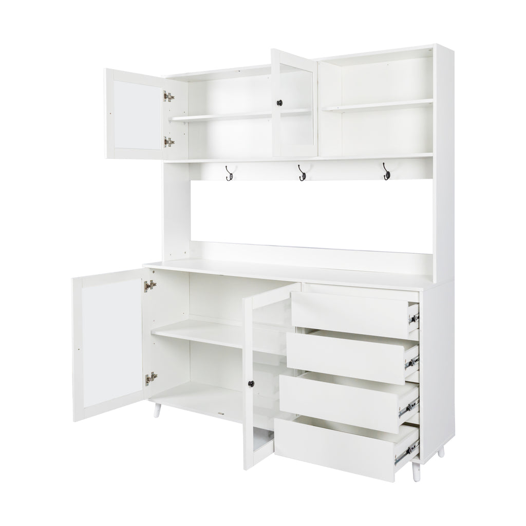 63' W Large Kitchen Hutch Cabinet, Freestanding Pantry Cabinets Storage Kitchen Cupboard with 4 Doors, 4 Drawers & Microwave Shelf, White - Grand Goldman Shop
