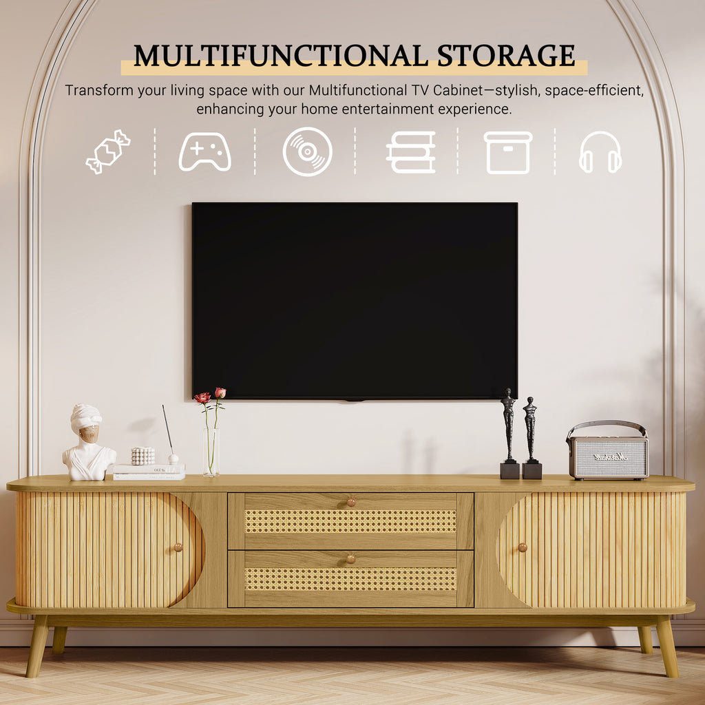 Modern Farmhouse Rattan TV Stand for TVs up to 75'', Solid Wood Legs, Natural Wood Finish Media Console with Storage Drawers and Sliding Doors - Grand Goldman Shop