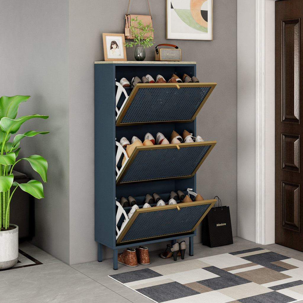 3-Door Metal Shoe Rack, Freestanding Modern Shoe Storage Cabinet with Metal Rattan - Blue-Gray Particle Board - For Entryway - Grand Goldman Shop
