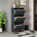3-Door Metal Shoe Rack, Freestanding Modern Shoe Storage Cabinet with Metal Rattan - Blue-Gray Particle Board - For Entryway - Grand Goldman Shop