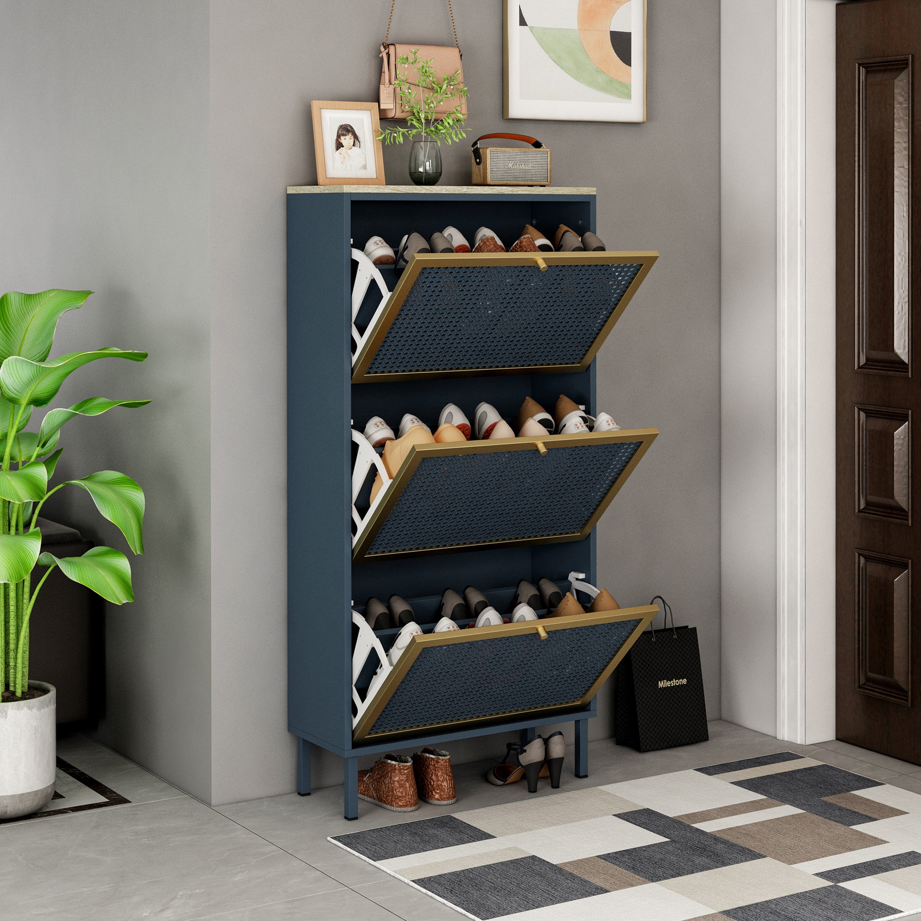 3-Door Metal Shoe Rack, Freestanding Modern Shoe Storage Cabinet with Metal Rattan - Blue-Gray Particle Board - For Entryway - Grand Goldman Shop