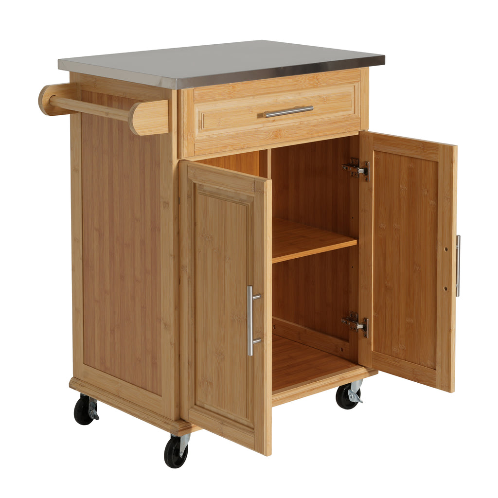 Indoor Compact Bamboo Rolling Kitchen Cart with Stainless Steel Top – Mobile Storage Island with Drawer & Cabinet for Small Spaces - Grand Goldman Shop