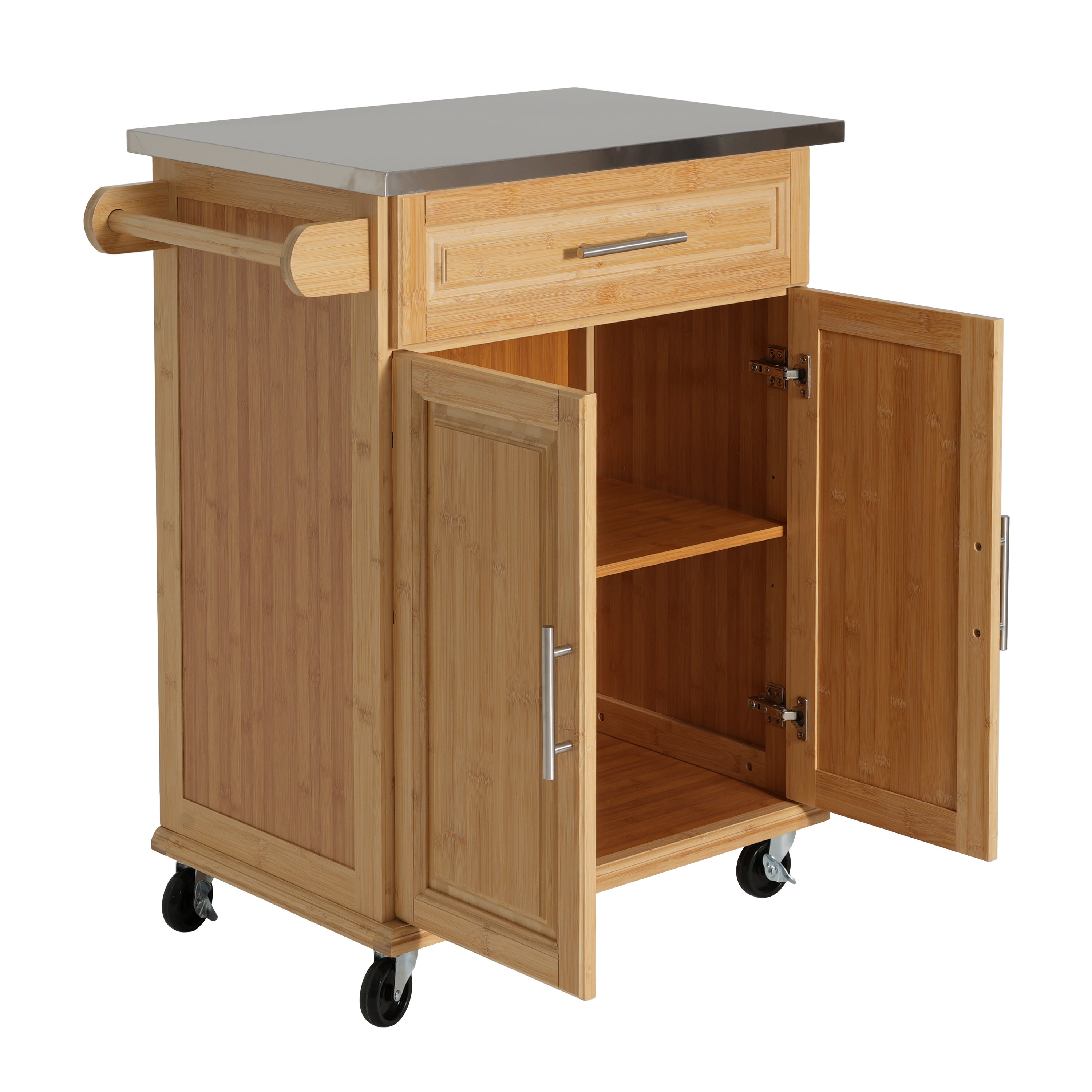 Indoor Compact Bamboo Rolling Kitchen Cart with Stainless Steel Top – Mobile Storage Island with Drawer & Cabinet for Small Spaces - Grand Goldman Shop