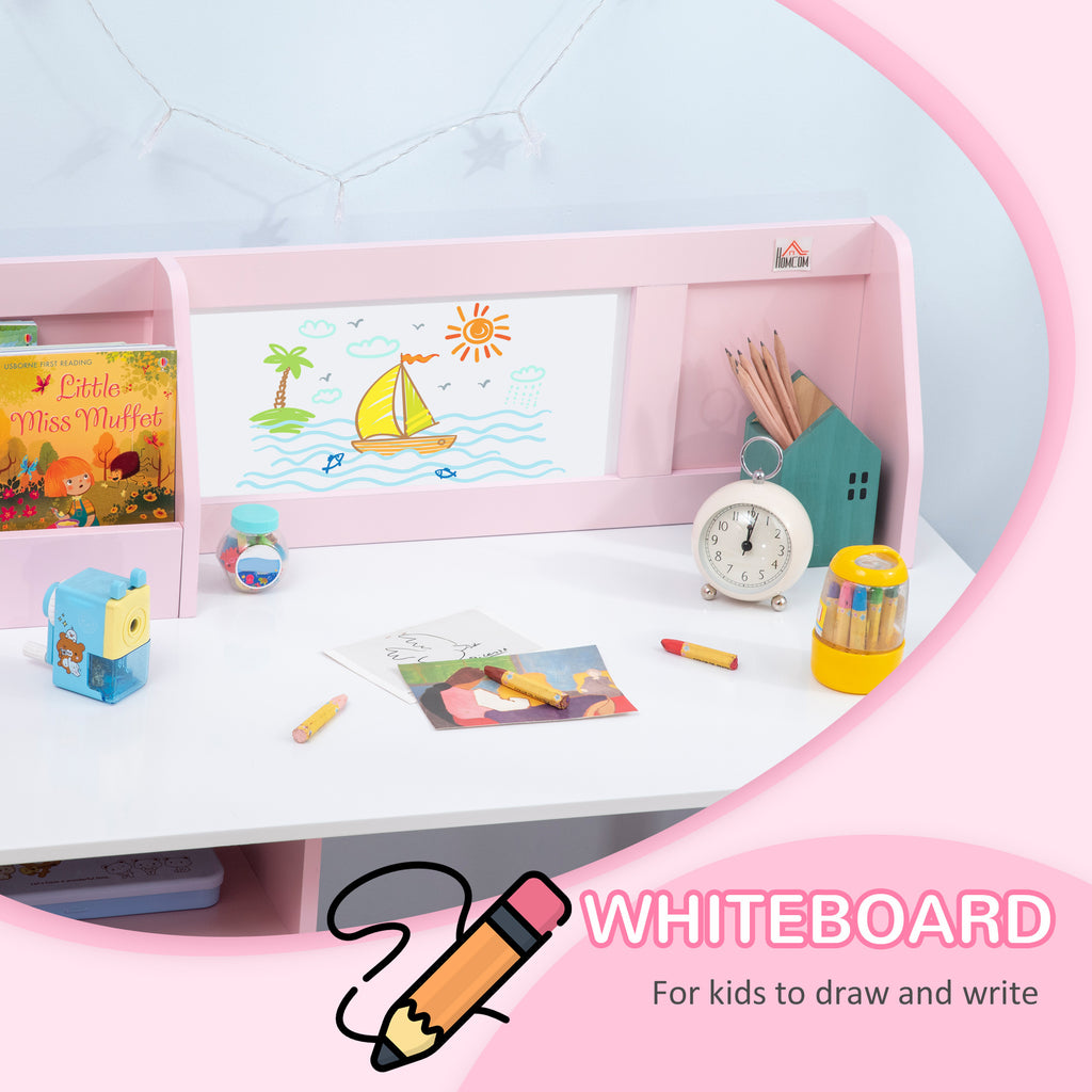 Qaba Toddler Desk and Chair Set, Kids Writing Desk Study Table for Children with Whiteboard, Storage Cabinet, Child Furniture